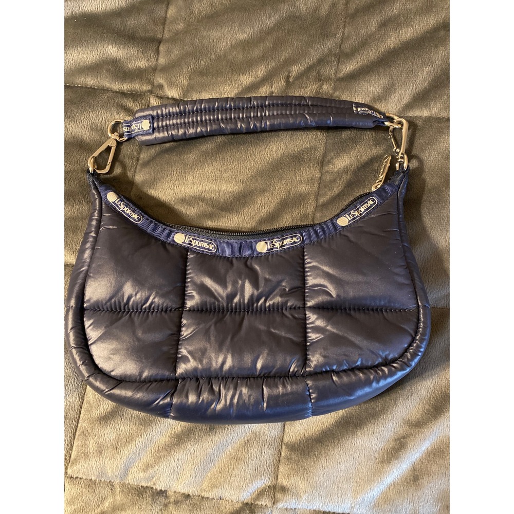 LeSportsac Navy Blue Quilted Puffer Nylon Shoulder Bag Hobo Logo Trim 0627